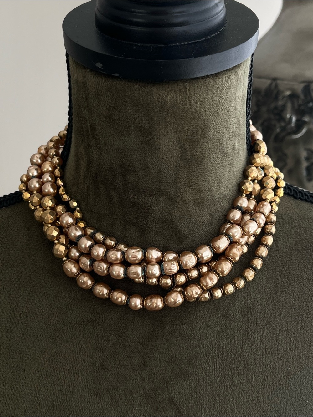 Vintage Miriam Haskell Champagne Gold Glass Baroque Pearl Five-Layered Necklace